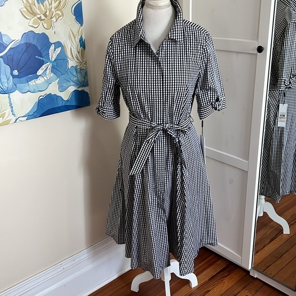 Calvin Klein Black and White Gingham Fit and Flare Dress with Fabric Belt - 12 - Picture 3 of 15